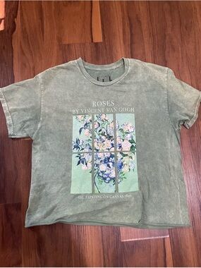 Vincent Van Gogh artsy shirt roses green M cropped cotton acid wash